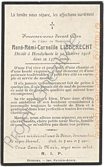 René Rémi Corneille Libberecht, décédé à Hondschoote, le 31 Octobre 1918 (14 ans).